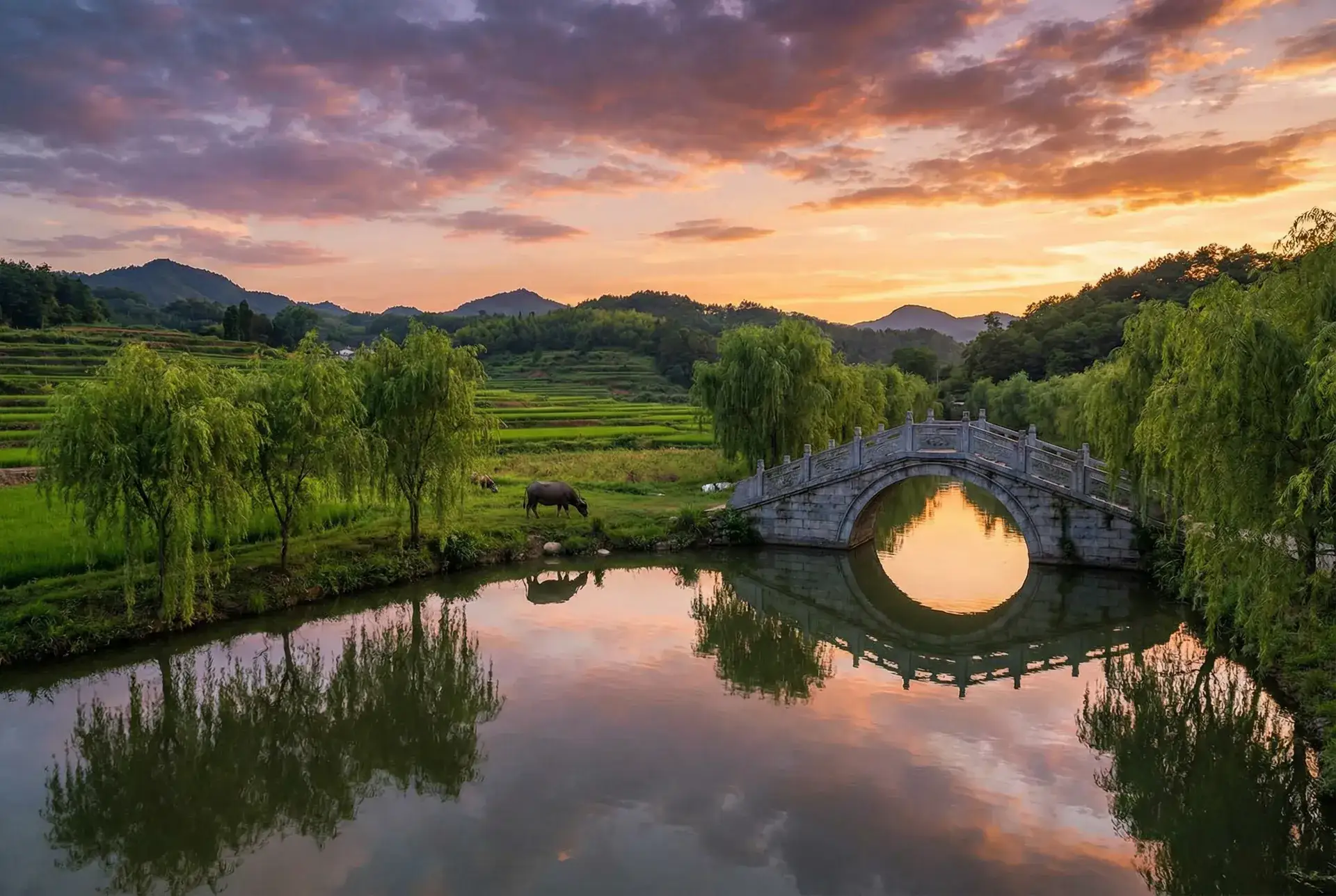 夕阳下的石拱桥与垂柳，水牛在河边吃草 - 罗马情艳史 乡村美景